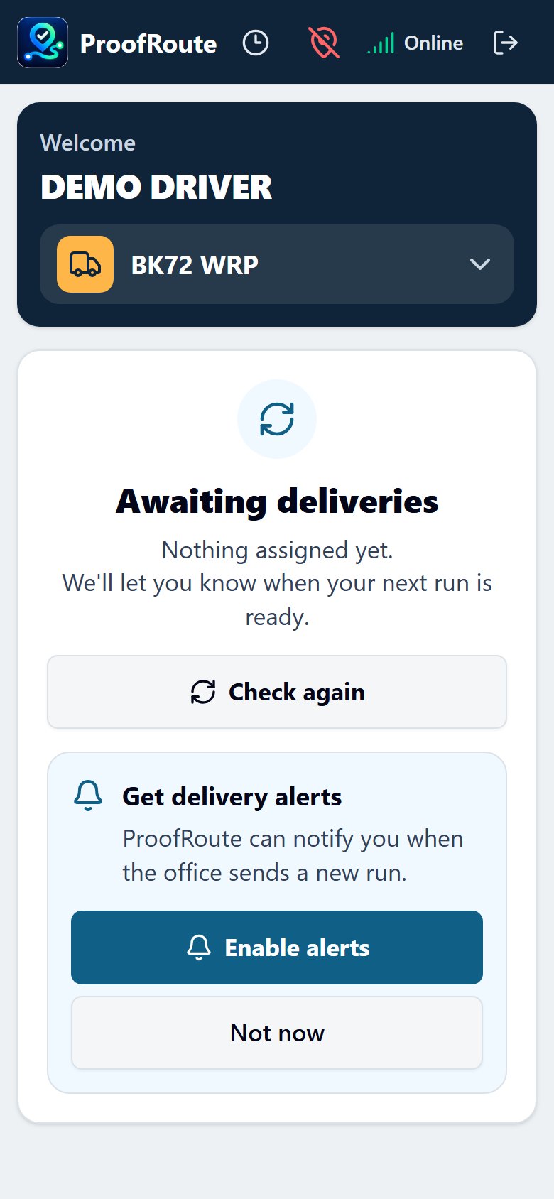 ProofRoute driver screen using demonstration data