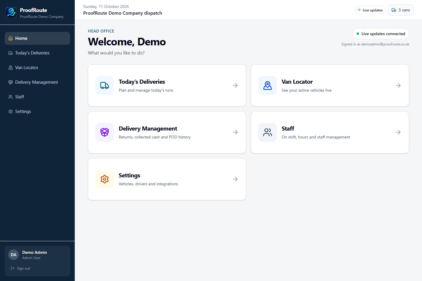 ProofRoute office dashboard using demonstration data