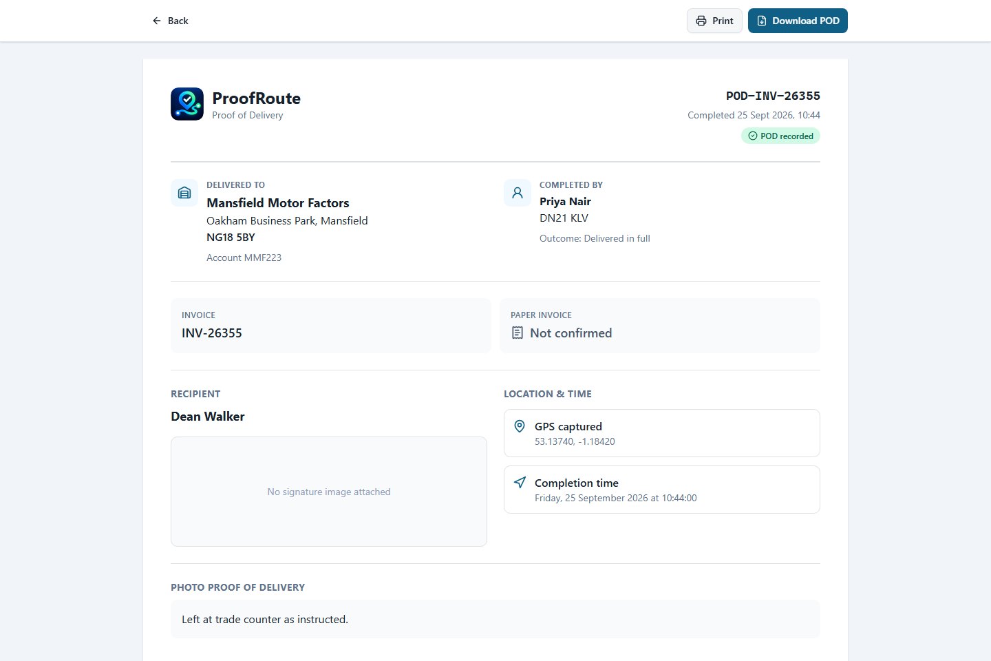 ProofRoute completed proof of delivery using demonstration data