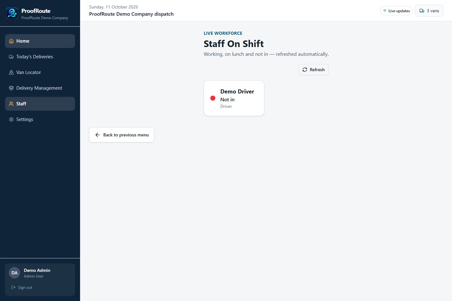 ProofRoute staff clocking screen using demonstration data