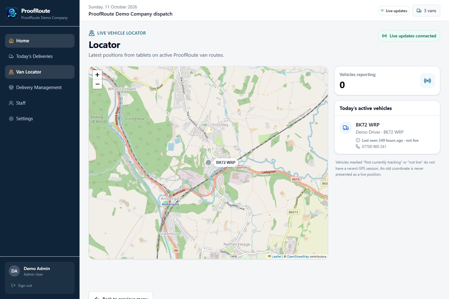 ProofRoute van locator using demonstration data
